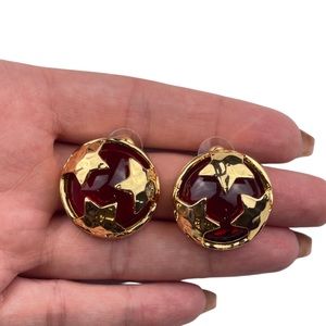 KJL signed red glass cabochon star pierced stud earrings